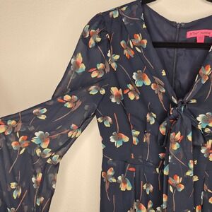 Betsey Johnson Floral Navy Chiffon Dress Fairycore Whimsical Retro Twee Size 2